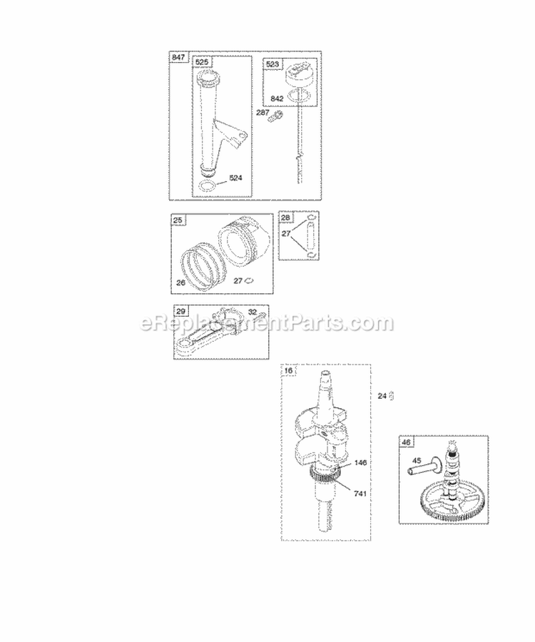 Camshaft Crankshaft Lubrication Piston Rings Connecting Rod Diagram and Parts List for 445977-1092-B1  Briggs and Stratton Engine